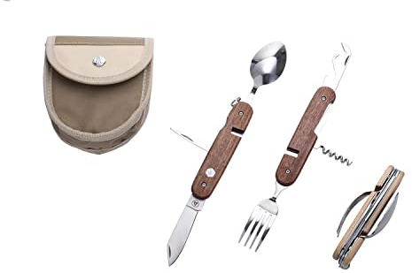 LAGUIOLE - 40269046, Klappbares Wanderbesteck für 2 Personen, Löffel, Gabel, abnehmbares Multifunktionsmesser, Campingbesteck, Nylontasche, Outdoor, Braun