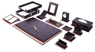 Lux Schreibtischzubehör aus Leder – Schreibtisch-Organizer aus Leder – Schreibtisch-Organizer für Männer aus Walnussholz-Kombination, 14 Stück (Brown)