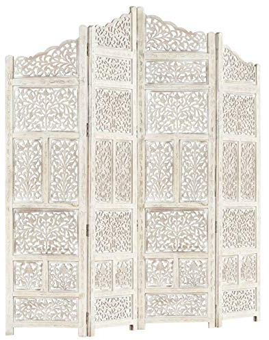 Keketa Hand carved Panel Screen with 4 Panels, Folding Room Divider, Wooden Room Partitions Screen Indoor Outdoor Bedroom Office Patio Privacy White 160x165 cm Solid Mango Wood