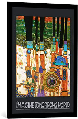 kunst für alle Bild mit Bilder-Rahmen: Friedensreich Hundertwasser Stell dir die Welt von morgen vor orange - dekorativer Kunstdruck, hochwertig gerahmt, 59x84 cm, Schwarz matt