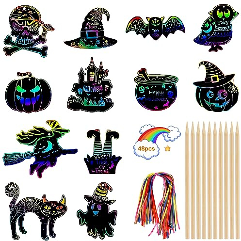 Bohrma 48 Pièces Papier à Gratter Halloween, Dessin Gratter pour Enfants avec Stylo en Bois et Ruban, Arc-en-Ciel Halloween Scratch Art, Cartes à Gratter pour Halloween DIY Artisanat Enfants