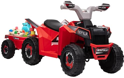 Aosom Kids ATV Quad Car with Back Trailer, 6V Electric Ride On Car with Forward Backward Function, Wear-Resistant Wheels, Ride on Toy for Toddlers Ages 18-36 Months, Red