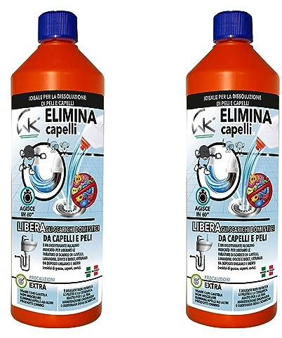 WK Elimina Capelli Per Scarichi Domestici | L'unico in grado di eliminare peli e capelli dagli scarichi | 1 litro | Made in Italy (Confezione da 2)