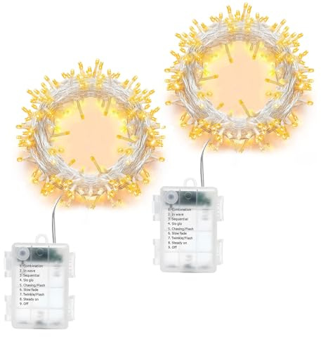 Batteriebetriebene Lichterkette Timer 2x5m 50LEDs für Außen und Innen - 8 Modi Akku, transparentes Kabel für Weihnachten, Balkon, Hochzeit Deko DIY, Warmweiß