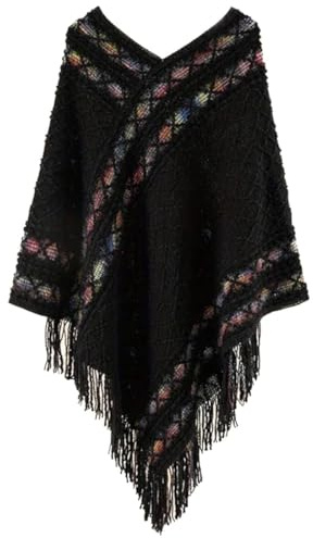 Women's Retro Pullover Tassel Shawl, Women's Knitted Ponchos & Capes, Ladies Poncho with Fringe, Ethnic Style Knitted Poncho, Autumn-Winter Pullover Cape, Knit Shawl Wrap for Women (Black, One Size)