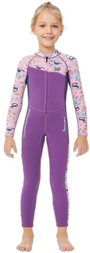 LEIDIMUS Kinder-Neoprenanzug für Mädchen, 2,5mm Neopren Badeanzug mit Langen Ärmeln und Frontreißverschluss für Wärme im kalten Wasser beim Tauchen, Surfen und Schwimmunterricht, Lila,XL