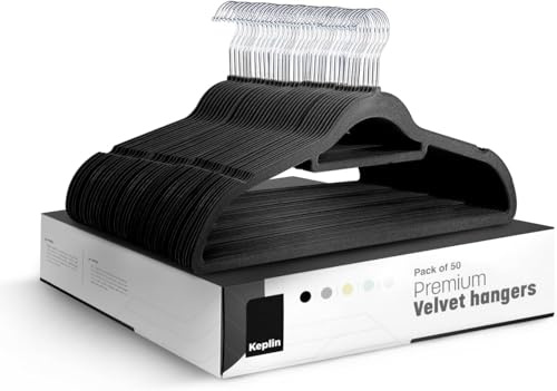 KEPLIN Velvet Hangers 30 Pack - Non-Slip Clothes Hangers with Tie Bar & 360° Hook - Durable & Sturdy, Space-Saving Wardrobe Organisers for Suits, Jackets & Clothes- Home Storage Solution (Black)