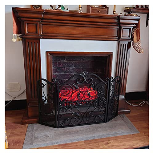Kaminschutzgitter Schwarz, 3-Panel-Kaminschutz aus massivem Schmiedeeisen, durchsichtiges Metall, Funkenschutz-Sicherheitsschutz mit Dekorrolle für Kamin (Farbe: Schwarz, Größe: S-121 cm × 82 cm)