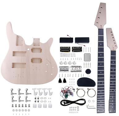 Fistrock Double Neck DIY Electric Guitar and Bass Kit 6 String and 4 String Guitar Kit with Basswood Body Hard Maple Neck Engineered Fretboard Chrome Hardware Build Your Own Bass and Guitar.