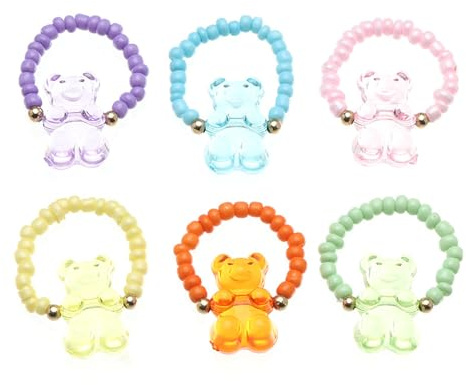 6 Stück Cartoon-Bär-Charm-Ring, bunte Perlenringe, verstellbarer Kunstharz-Schmuck, handgefertigt, für Damen und Mädchen