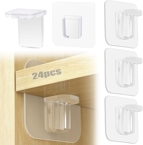 24 Pezzi Supporti Mensole per Armadio Autoadesiva Trasparente 7 x 7 cm, Pratico Supporto per Ripiano Armadio Interno senza fori Portata, per scaffali, armadi e armadi