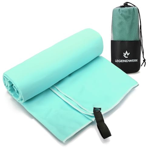 Legendwerk® Mikrofaser-Handtuch TÜRKIS 160x80 cm – schnelltrocknendes Outdoor-Handtuch für Wandern, Trekking & Reisen – Ultraleicht mit Beutel & Schlaufe – platzsparend & praktisch