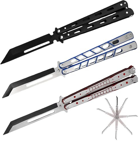 Behogan 3 Stück Butterfly Trainer, Butterfly Messer zum Üben Ungeschärfte Klinge Übungs Kamm Edelstahl für Trainingsmesser Anfänger Flipping Tricks üBt(Hohler Blauer + Hai + Farbbogen)