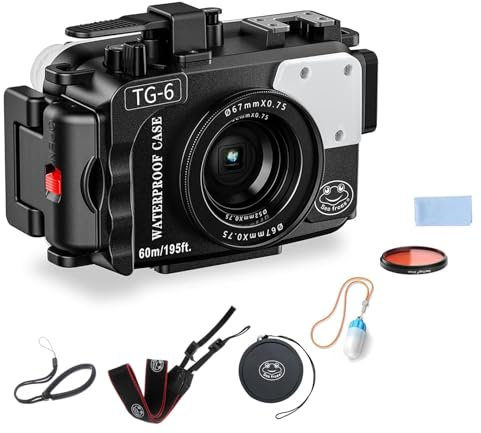 Boîtier étanche Seafrogs 60 m/195 Pieds pour Appareil Photo sous-Marin Olympus TG-6 – Boîtier étanche avec Filetage 52 mm et 67 mm, Deux Ports à Fibre Optique, détection de Fuite (TG-6-Noir)