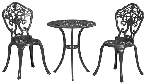 Outsunny Cast Aluminium Garden Bistro Set with Parasol Hole for 2 Black | Outdoor Coffee Table Set, Two Armless Chairs, Round Coffee Table, 3 Piece, for Balcony, Patio