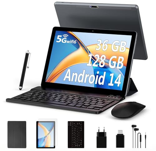 FLYCOAY Tablet 10 Inch Newest Android 14, Octa-Core 2.0GHz, 5G WIFI 6, 36GB RAM+128GB ROM (TF 1TB), Dual Camera, 8000mAh Battery/Widevine L1/Tablet With Keyboard, Case(Gray)