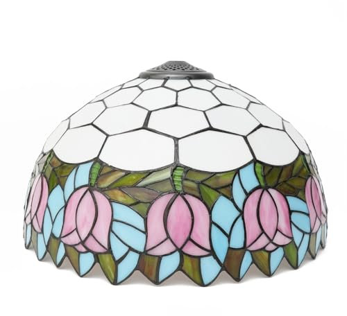 Tiffany Shade Replacement 16 Pink Tulips Stained Glass Lamp Shade Pastoral Art Decor Small Opening Replacement Lampshades for Table Lamp Chandelier Light Wall lamp Floor Lamps