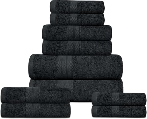 DreamNights 10 Piece Towel Set - 2 Bath Towels, 4 Hand Towels, 4 Washcloths and 2 Free Extra Mitt gloves 100% Cotton Hotel Quality Super Soft and Highly Absorbent (Black)