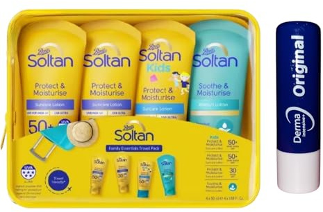 Boots Soltan Sun Protection SPF 50 Family Essentials Protect & Moisturise Lotion Travel Pack With Free Orignial Lip Balm