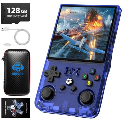 Retro Handheld Game Console R36MAX, Retro Gaming Console with 128GB Storage, 4.0 Inch IPS HD Screen, 4000 mAh Battery and 30+ Mainstream Emulators, Blue