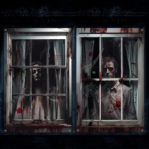 2 Stück Gruseliger Halloween-Vorhang, Halloween Fenster Deko, Halloweens Fensterabdeckung, Dekoration für Spukhaus für drinnen und Helloweens Dekor Garten (A)