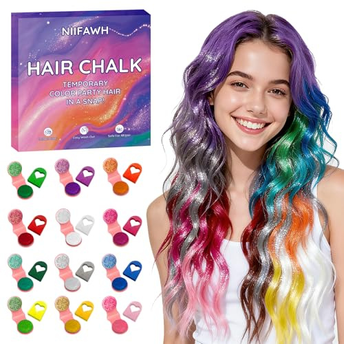 NIIFAWH 12 Color Glitter Hair Chalk with Shimmer Effect - Temporary Sparkle Hair Chalk for Adults & Kids | Safe, Long-Lasting, Non-Toxic & Washes Out Easily | for Concerts, Parties & Halloween
