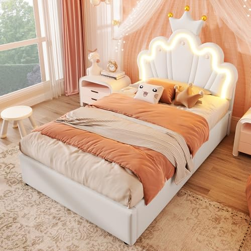 Merax Kinderbett 90x200, Polsterbett für Mädchen Kronen-Einzelbett mit verstellbarem Kopfteil, LED-Streifen, Hydraulischer Stauraum, aus PU-Leder Bettrahmen mit Lattenrost(ohne Matratze), Weiß