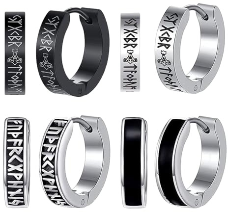 Wikinger Ohrringe Männer Edelstahl 4 Paar Nordischer Wikinger Hoop Ohrring Herren Klassische Creolen Ohrringe mit Runen Huggie Ohr Manschette Ohrringes Schwarz Silber mit Nordic Elder Runen