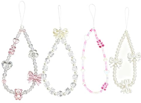 VPB Lot de 4 breloques pour téléphone portable, bracelet de téléphone, nœud en cristal, fleur, petit ours, bracelet de téléphone, breloque mignonne pour clés, appareil photo numérique