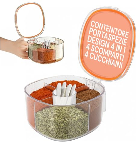 Avilia - Porta Spezie per Cucina con 4 Scomparti e Cucchiaini Dosatori, Organizer Condimenti Compatto con Coperchio Trasparente e Maniglia Ergonomica Facile da Usare
