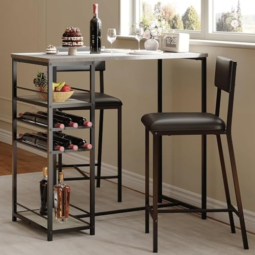 Garvee Bartisch Set 3-Teilig, Esstisch mit 2 Stühlen & & 3 Ablagen, Tresentisch Barhocker Essgruppe 2 Personen Küchentisch Industriedesign Metallrahmen, Grau
