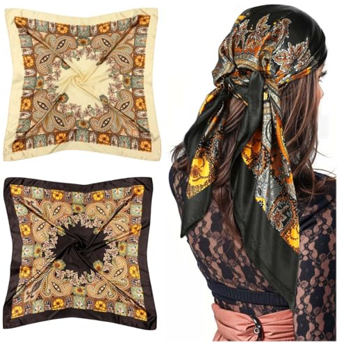 YUBBYSTU 2 Pièces Foulard Cheveux Femme, Foulard en Soie Carré Doux, Foulards en Soie pour Femmes, Bandanas pour Dormir, Plage, Léger Bandana Imprimé Tendance, Usage Quotidien, Fêtes ou Décoration