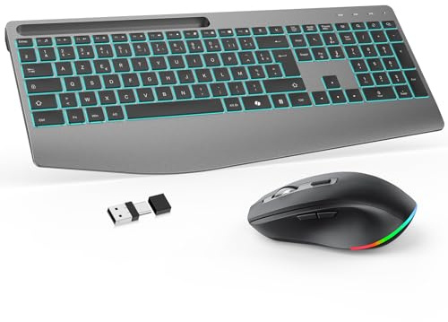 OMOTON Ensemble Clavier et Souris sans Fil AZERTY 2.4Ghz Rétroéclairé | Ergonomique, Repole-poignet, Silencieux, Rechargeable USB-C, Télétravail, Plug & Play, Kit Bureautique, Souris 4 DPI