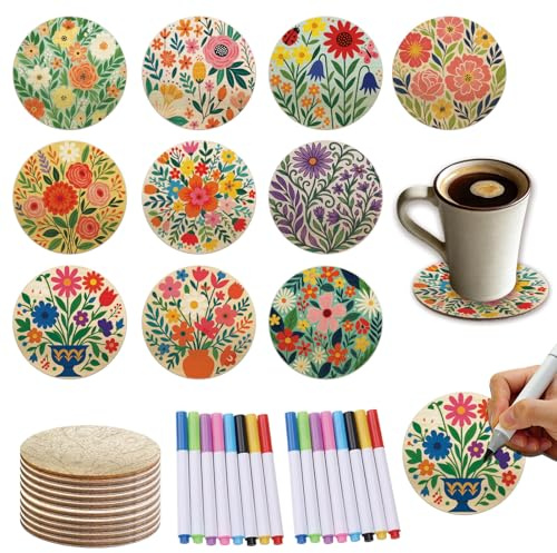 Twinklemon 10 Pezzi Sottobicchieri in Legno da Dipingere, 10 cm Tema Vegetale Divertente Fai Da Te, con Pennarello 8 Colori, Rondelle di Sughero per Artigianato Creativo, Decorazione per Tavolo Caffè