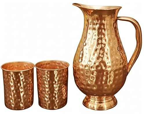 TRAFAART Carafe Martelée En Cuivre Pur À 100% Avec Couvercle Et Deux Gobelets Idéale Pour Boire De L'Eau. Bienfaits Ayurvédiques Pour La Santé. Épaisseur Importante.
