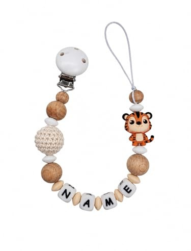 Individuell gestaltetes Babygeschenk personalisiertes Schnullerkette mit Namen für Mädchen oder Junge Baby Geschenk personalisiert zur Geburt & Taufe (Tiger) (creme)