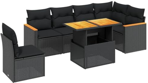 Foknhdi 7-teiliges Gartenmöbel Set Schwarz PE-Rattan Sofa Garnitur mit Höhenverstellbarem Tisch 100x55 cm UV-beständig Wetterfest für Balkon Terrasse Lounge Outdoor