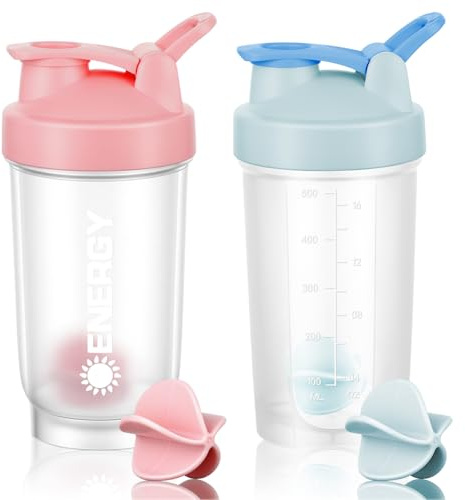 AOOWU Protein Shaker, 2 st, 500 ml läckagesäker proteinshaker, blandflaska med blandkula och tätningsring, lämplig för sport och fitness (rosa + svart)