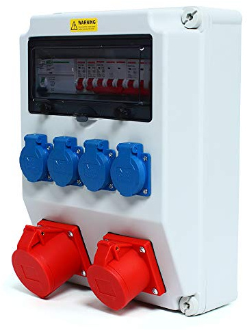 Scatola di distribuzione da parete, set completo, distributore di corrente da cantiere, 230 V, 16 A e 32 A, per cantieri e officine