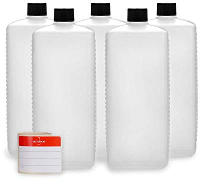Octopus 5 x 1 000 ml plastflaskor, HDPE-plastflaskor med svarta skruvlock, tomma flaskor med svarta skruvlock, fyrkantiga flaskor inkl. märkningsetiketter