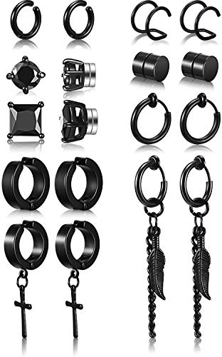 9 Paare Magnet Ohrstecker Ohrringe Edelstahl Feder Baumeln Klappohrring CZ Magnet Ohrring Nicht Durchdringend Kreuz Baumeln Creolen, Schwarz