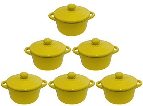 Hobby Tech Lot de 6 Mini Cocottes Jaunes Céramique Double Poignées avec Couvercle 13,5cm x 8cm Contenance Moule 200ml Ramequin Résistant Haute Température Four pour Petits Plats (Jaune, Lot de 6)