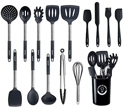 15-teiliges Küchenutensilien-Set | Antihaft-Silikon mit Edelstahlgriff | Kochutensilien-Set | hitzebeständig, BPA-frei & spülmaschinenfest | schwarz