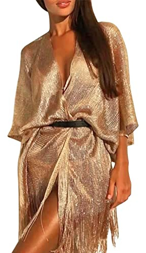 StarTreene Women Bikini Cover Up Beachwear Shiny Beach Cover Ups Tassel Tunic Tops (Gold)