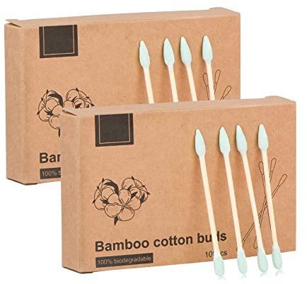 200pcs Natural Bamboo Cotton Swabs, Eco-Friendly & Biodegradable – Comfortable and Soft,Plastic Free Double Ear Sticks for Ears Cleaning and Makeup,Dirt Removal,Crafts,Painting (Green)