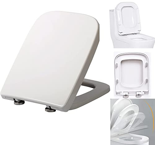 Soft Close Toilet Seat Square, Bottom Fixing, Heavy Duty PP Material Anti-Bacterial Toilet Seats White with Adjustable Stainless Steel Fixings, Toilet Lid Loo Seat