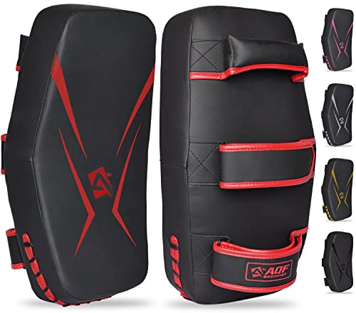 AQF thailändska pads för Kickboxing Muay Thai Pad med fast handtag grepp, Maya hide Leather Curved Strike Sköld för boxning MMA Martial Arts Taekwondo, Training Sports (Par, Röd)