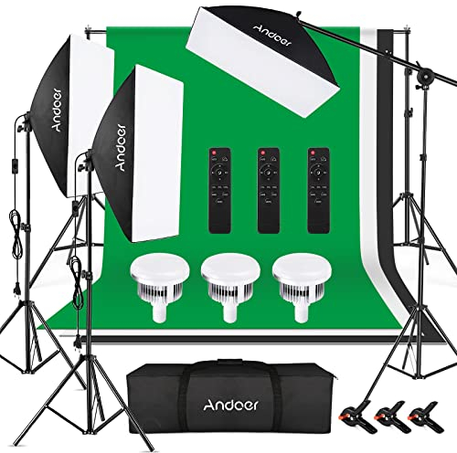 Andoer Kit de Iluminación de Estudio Fotográfico, Sistema de Soporte de Fondo de 2M x 3M con Softbox, Bombillas, Soporte de luz, Brazo articulado, Control Remoto, Abrazadera, Transporte