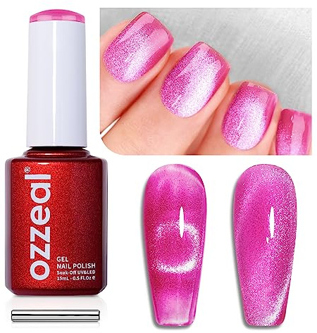 Ozzeal Cat's Eye UV Gel Nail Polish - 15 m Hot Pink Crystal Magnetic Spring Summer Glitter Holographic Shimmer Soak Off UV LED