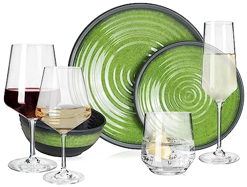 Vaisselle de camping en mélamine pour 4 personnes Vert pierre + 16 verres Milano Verres à eau, verres à vin, verres à champagne, vaisselle de table pour pique-nique, barbecue